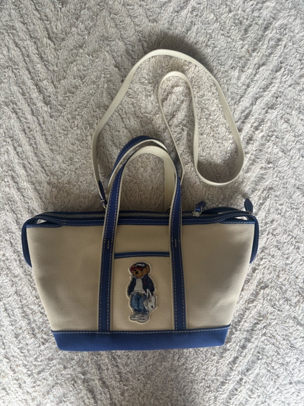 Polo Ralph Lauren Spring Bear Mini Shopper Tote Ecru Indigo Sky - Picture 2 of 3